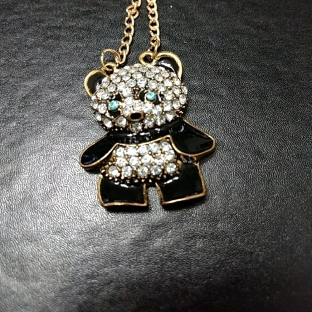 Panda bear rhinestone and gold tone necklace 32"